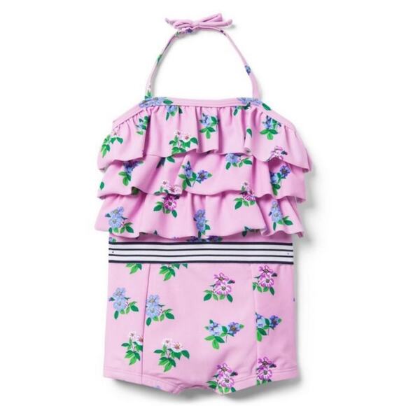 Janie and Jack Ruffle Halter Swimsuit Floral Stripe Retro 12-18 Months - Picture 2 of 14